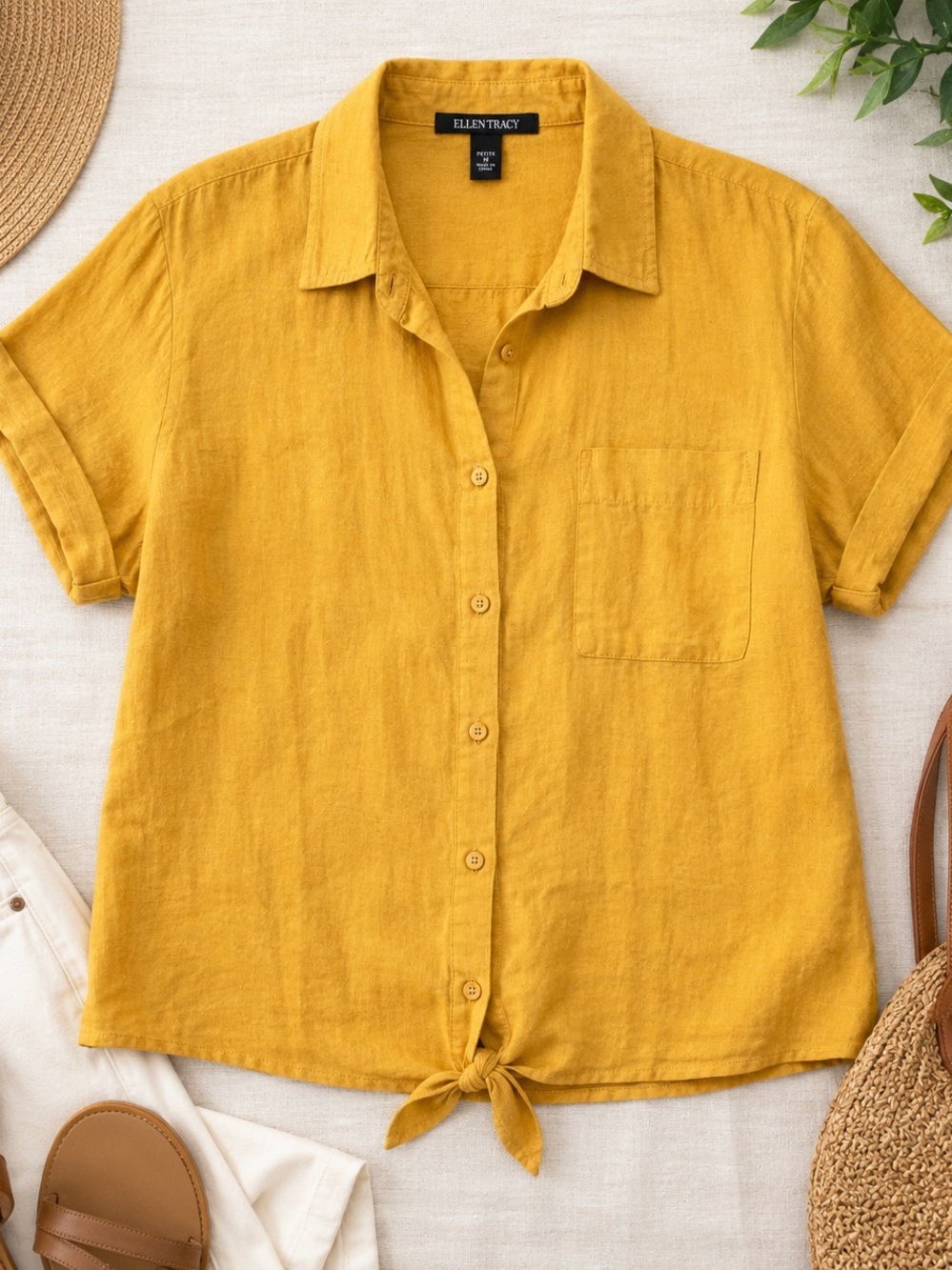 Ellen Tracy 100% Linen Mustard Yellow Tie Front Button Shirt XL Coastal Luxe